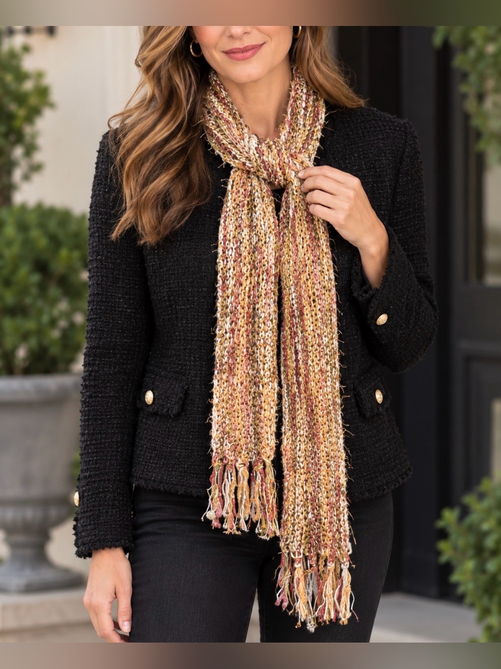 Boho Earthy Mixed Textile Knit Fringe Scarf Autumn Harvest Colors 56”
